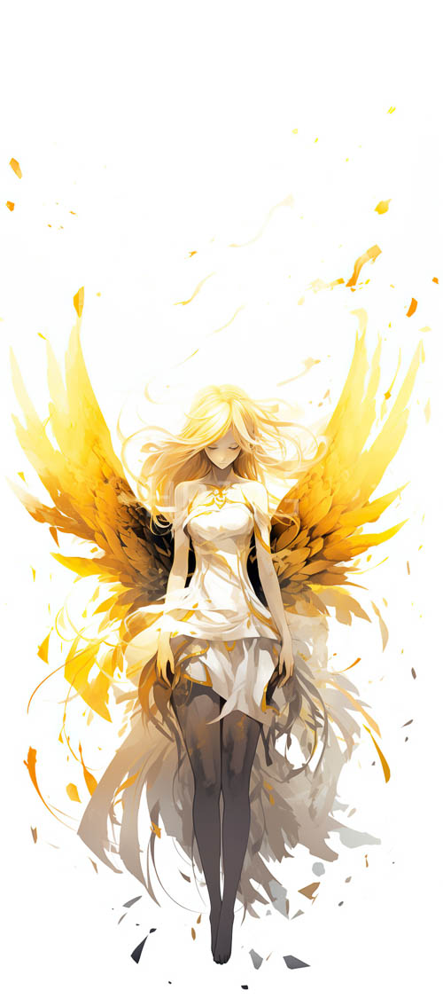 celestial being floats suspended in stark white negative space with flowing white dress and golden wings