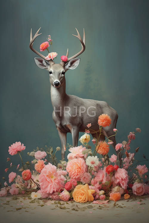 High Resolution: Vibrant floral tapestries surround standing deer on teal background panels download. | HRJPG.com