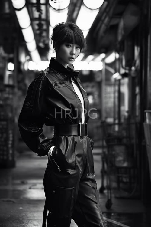 tailored leather jackets fit women inside backlit warehouse spaces