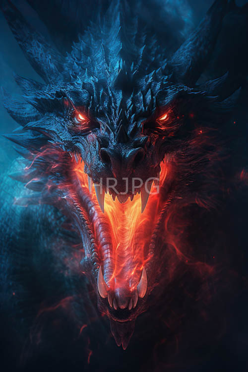 menacing blue dragon unleashes destructive power amidst jagged scales and piercing crimson eyes