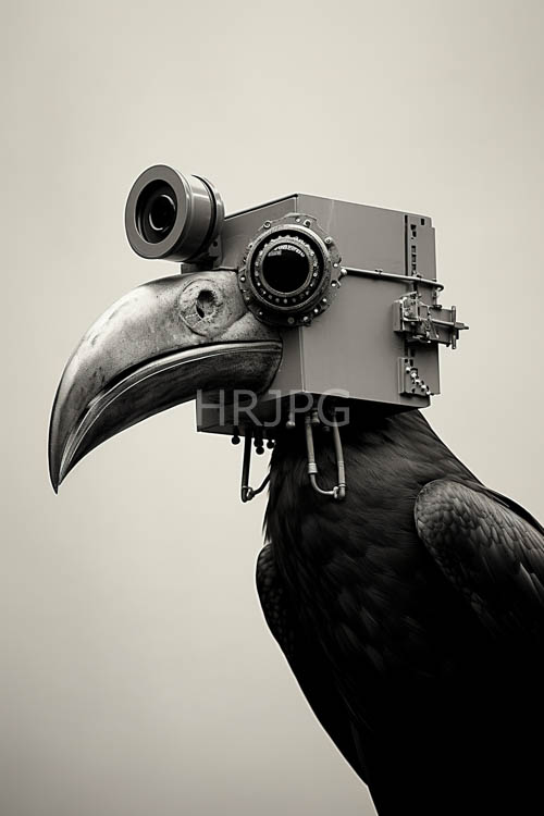 toucan birds merge with antique gears in gray tones