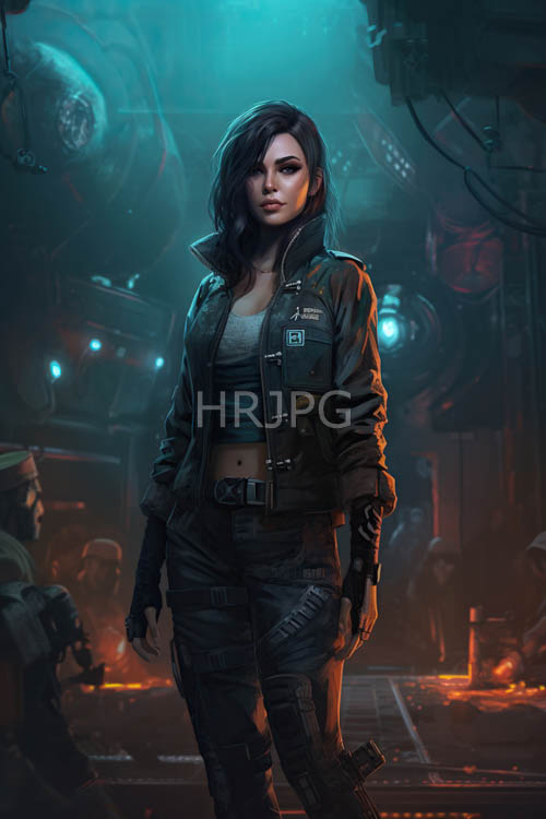 darkhaired woman commands attention in futuristic cyberpunk attire amidst moody atmospheric backdrop