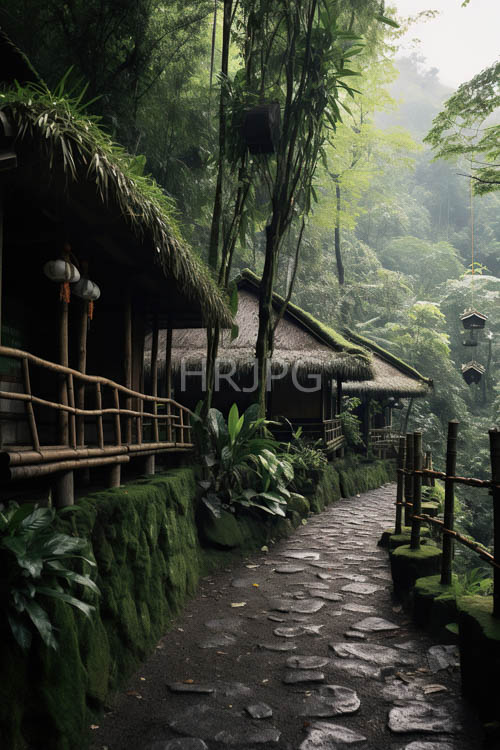 High Resolution: Jungle Lodge Sanctuary with Weathered Wooden Structures and Emerald Greenery download. | HRJPG.com