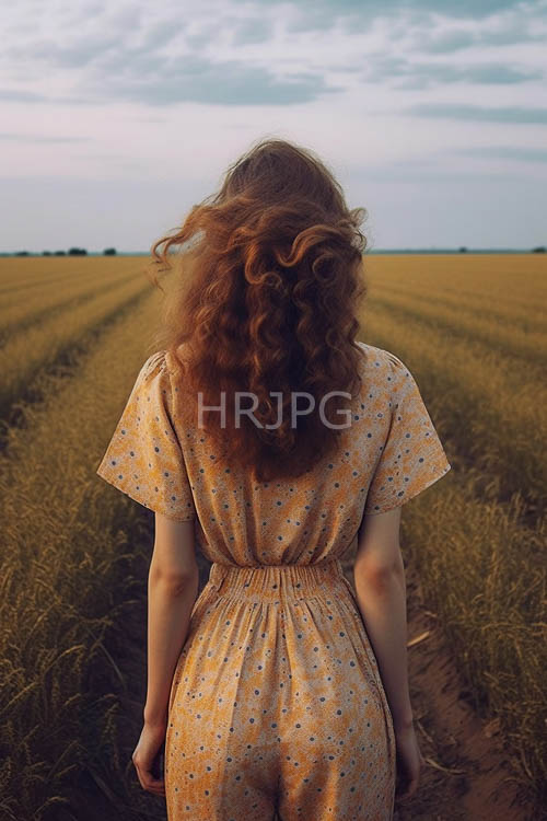 wheat fields sway around yellow floral dresses under dramatic skies