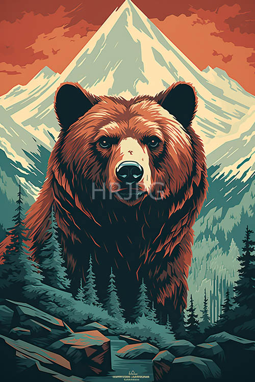 brown bear surveys rugged alpine wilderness under blazing orangered sunset sky amidst dense emeraldgreen evergreen trees and snowcapped mountain peaks