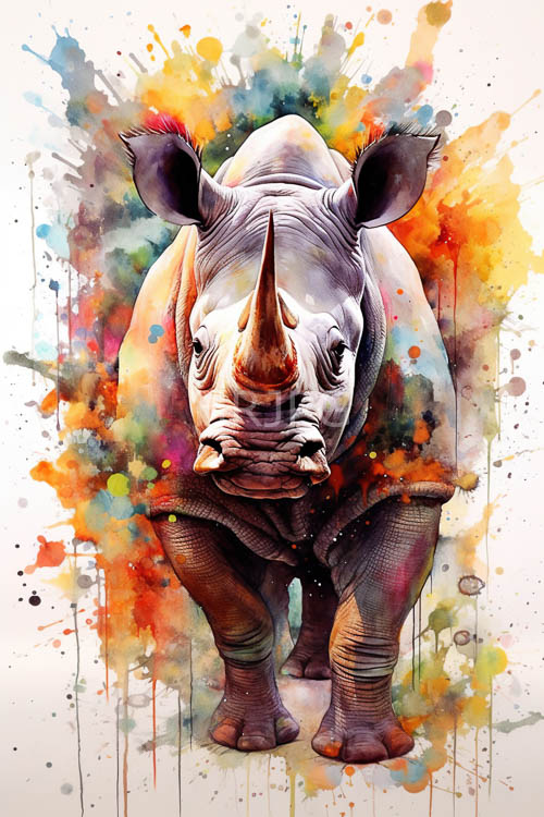 watercolor of aggressive rhinoceros in fiery orange and yellow