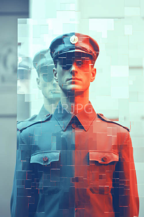 military officers stand authority against abstract overlay geometric patterns