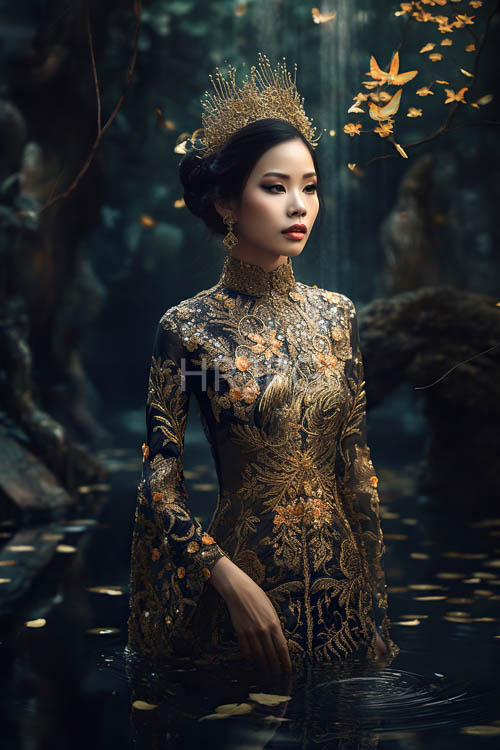 High Resolution: Gold thread embroidery sparkles on ancient Asian royal water garments download. | HRJPG.com