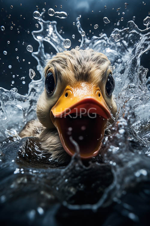 dramatic yellow duckling frozen in exuberant midair splash amidst dark turbulent water