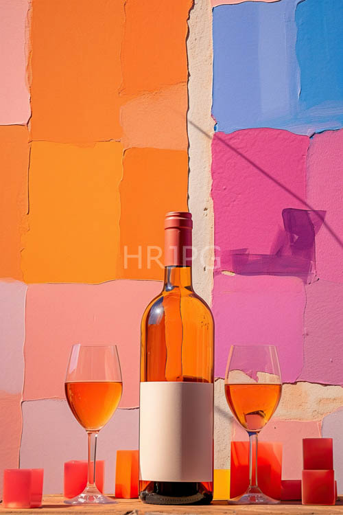 refracted light through wine glasses hits orange bottles and mosaics