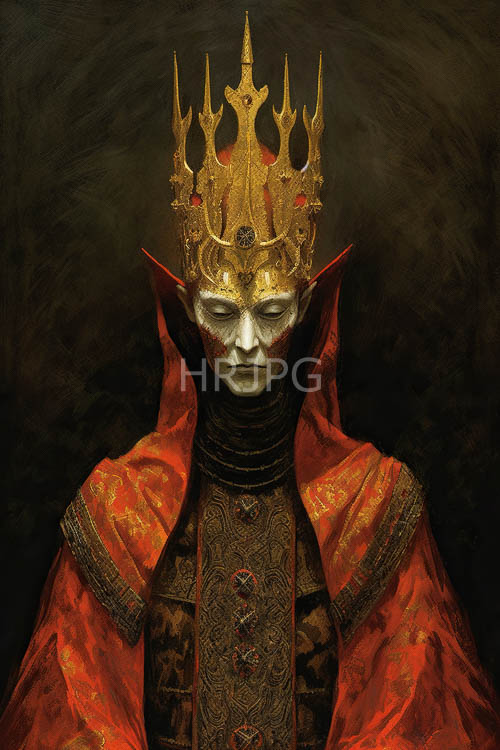 luminous golden crowns rest above crimson robes on seated figures