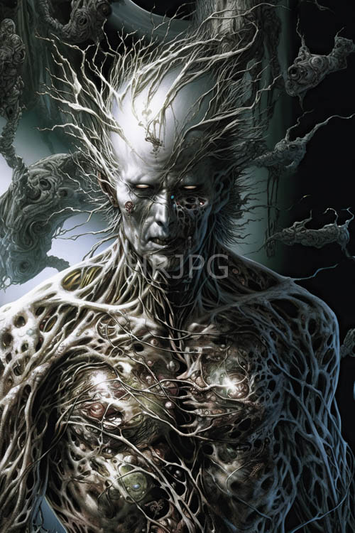 paleskinned entity dominates twisted organic landscape with pulsating crimson eyes