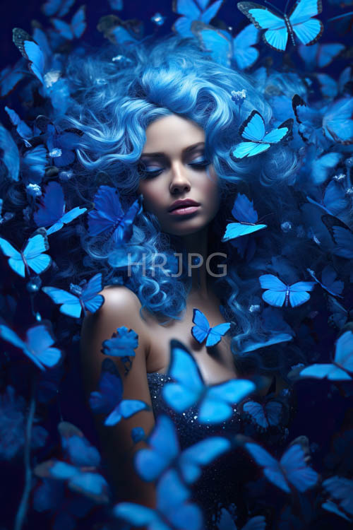 High Resolution: Voluminous wavy blue hair cascades like twilight waves in a captivating download. | HRJPG.com