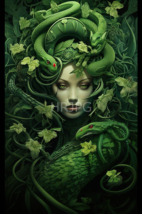 emeraldeyed woman ensnared by verdant snakes in an enchanted forest setting with fading light