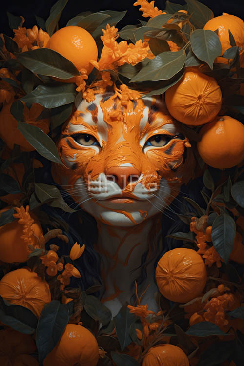 botanical foliage weaves green and orange leaves around tigers