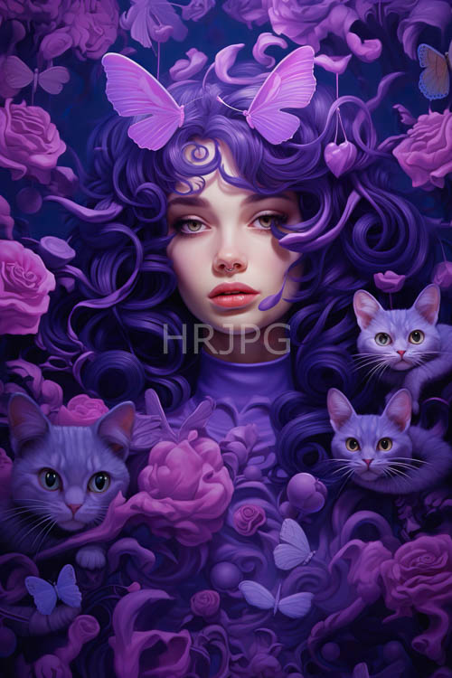 amethyst locks cascade amidst lush pink roses and white felines in indigo hues