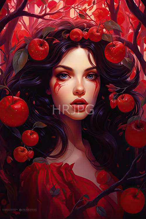 fantasy of young woman in dark woodland landscape with crimson gown and apples