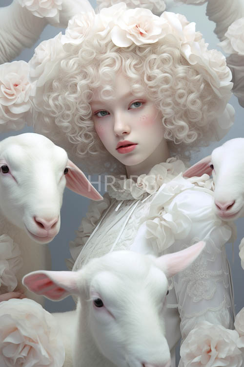 High Resolution: Cascading sheep surround young women wearing delicate lace dresses download. | HRJPG.com