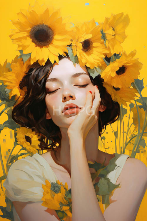serene young woman wearing delicate white gown in wreath of blooming sunflowers amidst stylized floral elements