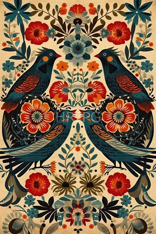 cobalt blue songbirds in lush botanical sanctuary with crimson red accents