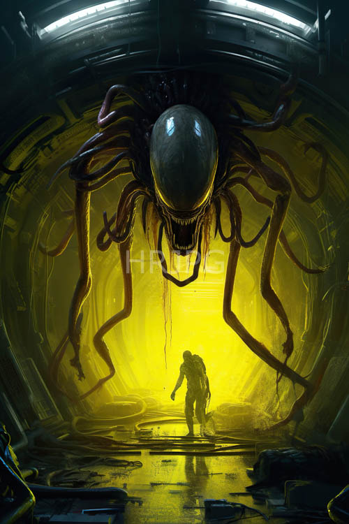 colossal extraterrestrial entity emerges in shadowdrenched scifi underworld with piercing yellow illumination