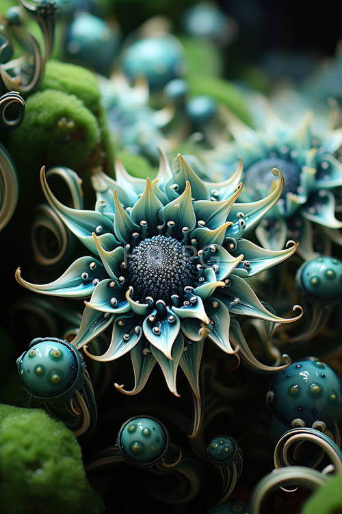 High Resolution: Teal gold fantasy petals bloom in mysterious forest depths download. | HRJPG.com