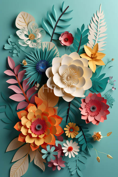 contrasting teal background unifies stylized floral blooms in multidimensional papercraft design