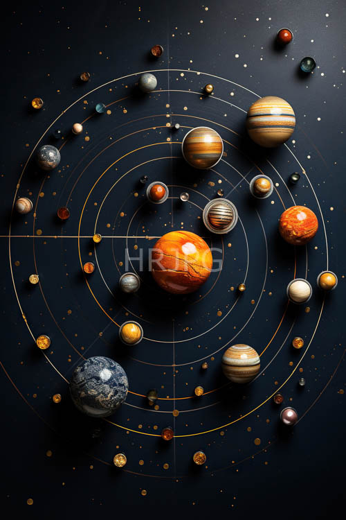 cosmic celestial mechanics system with striped orange gas giant and blue earthlike sphere