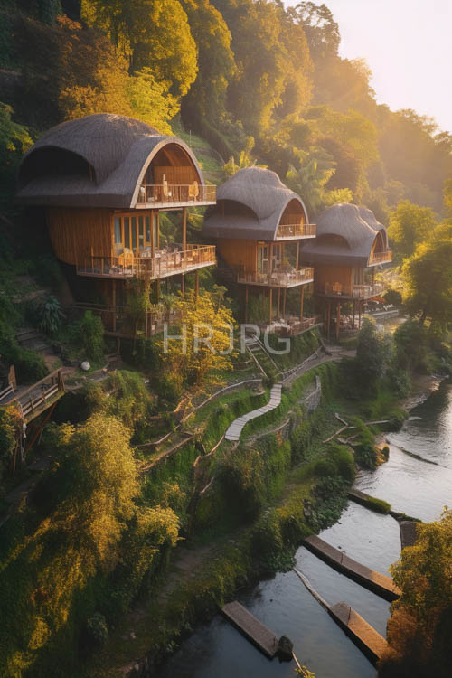 High Resolution: Rustic Wooden Cabins Perch on Verdant Hillside Overlooking Breathtaking River Valley download. | HRJPG.com