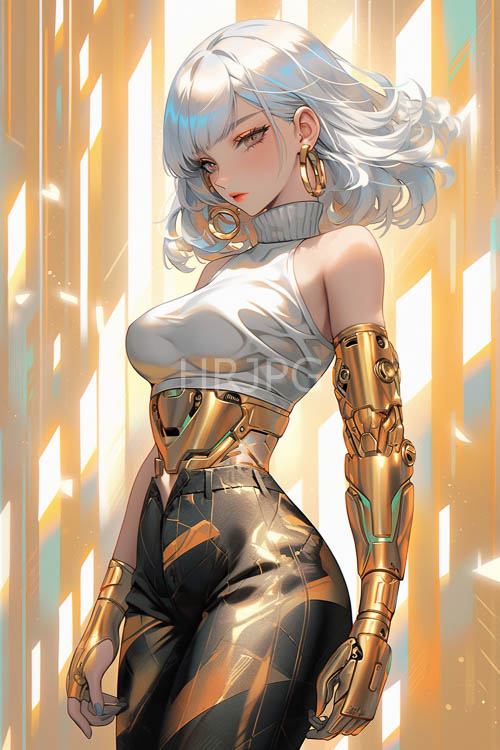 silver hair flows over gold cybernetic arm bracers and plating