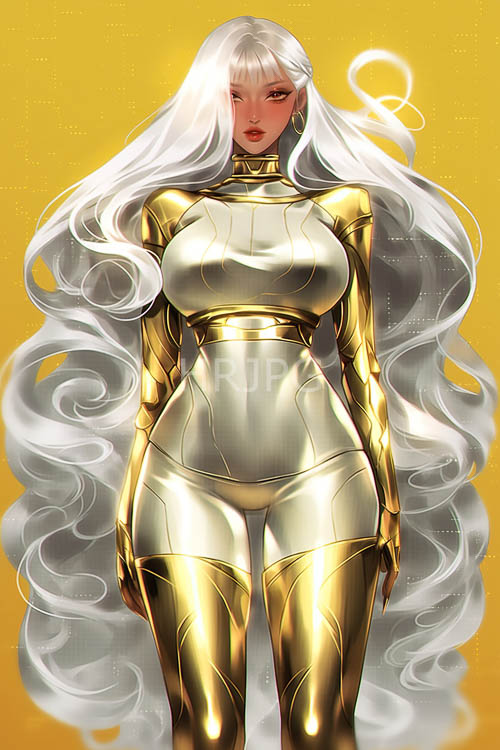 of a darkskinned woman in futuristic bodysuit against vibrant yellow backdrop with magical sparks
