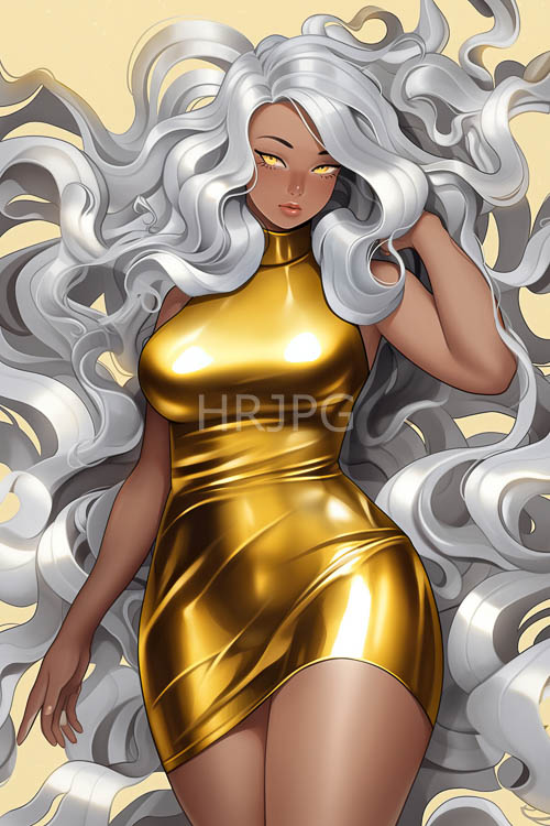 darkskinned woman embodying futuristic elegance in minimalist beige setting with shimmering silver hair and glowing yellow eyes