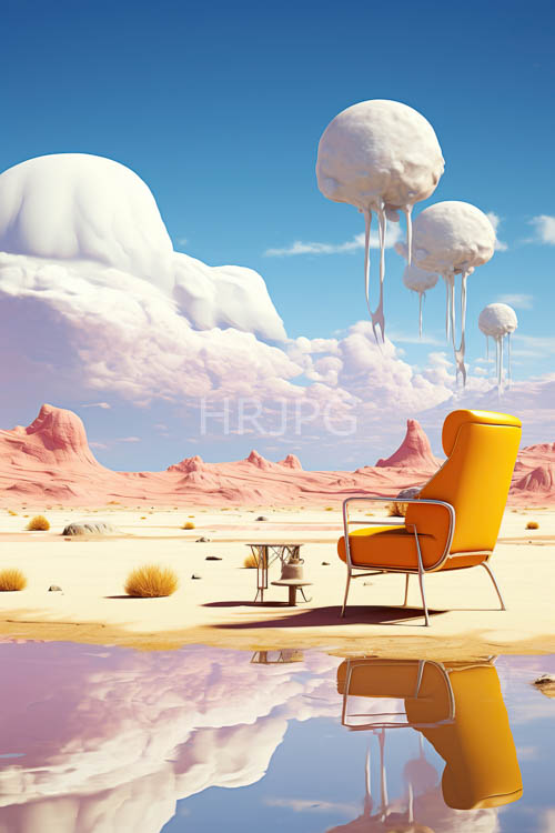 midcentury modern chairs face pink rock formations under blue skies