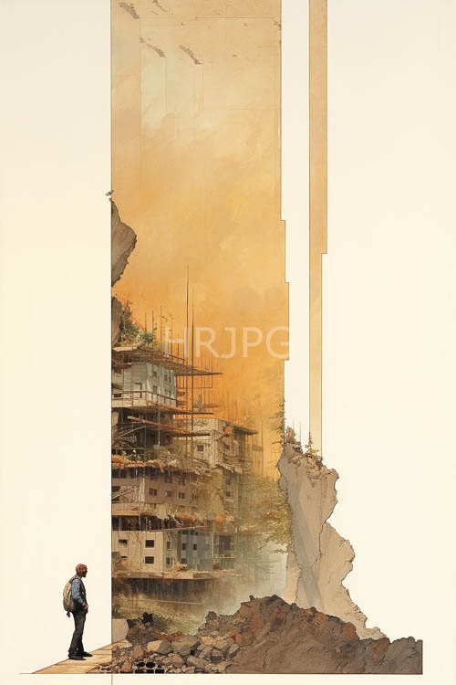 forgotten era monoliths crumbling amidst amber sky metropolis decay