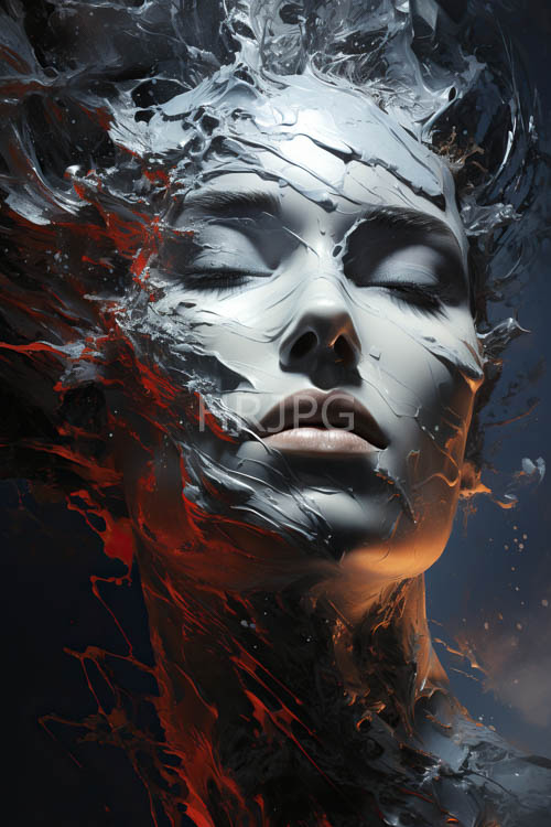 silverskinned woman meditates amidst swirling liquid fire and turbulent waters