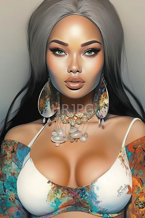 modern elegance meets artistic charm in a stunning light skinned woman with silken silver hair and brilliant green eyes adorned with vibrant abstract patterns and luxurious ornate jewelry
