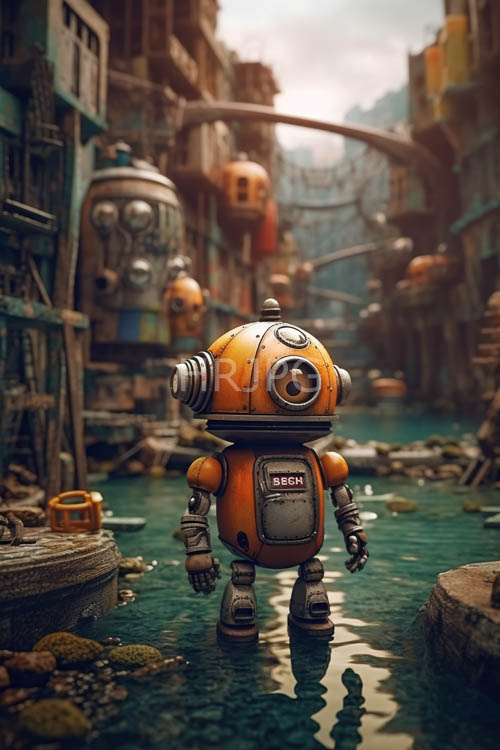 cylindrical robots stand in decaying cities near floating lanterns