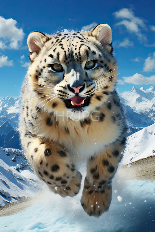 High Resolution: Snow leopards leap through powdery drifts near mountain peaks download. | HRJPG.com