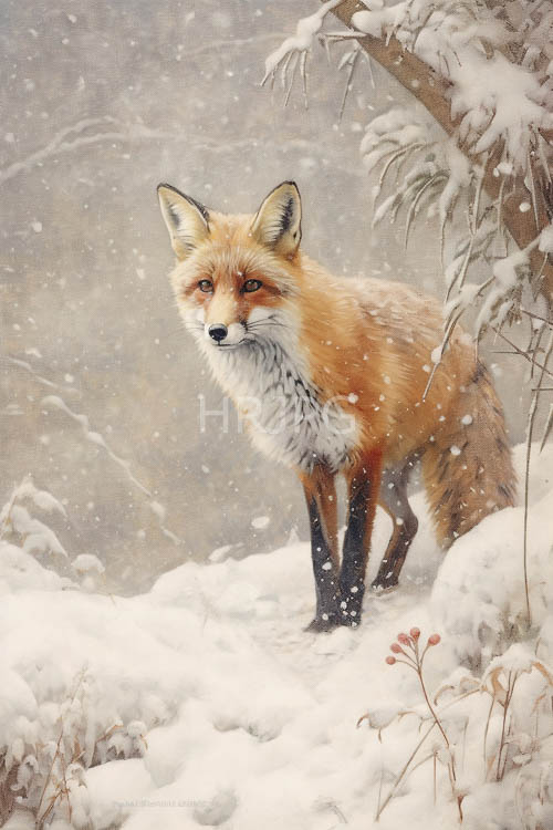 red fox dashes through snowy evergreen forest floor amidst swirling flurry of white snowflakes