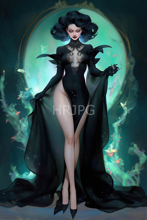 darkskinned woman in sheer lace bodysuit with bat wing sleeves in a glowing emerald background