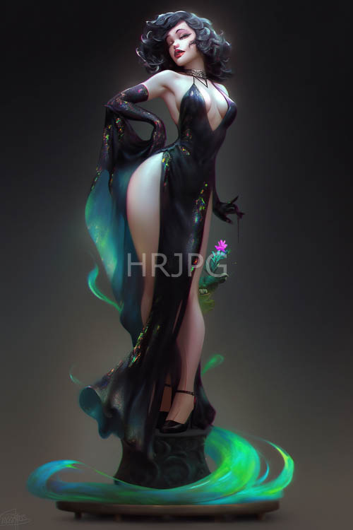 darkhaired woman posing on pedestal amidst moody gradient background