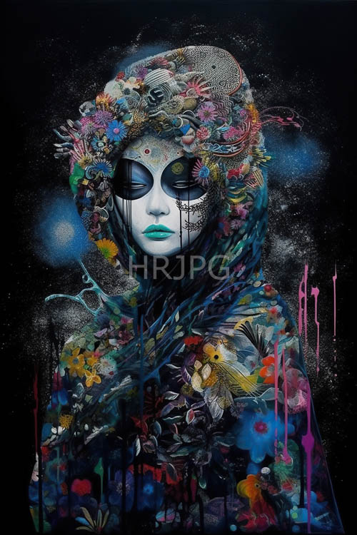 surrealistic female figure embraces floral whimsy amidst mysterious background
