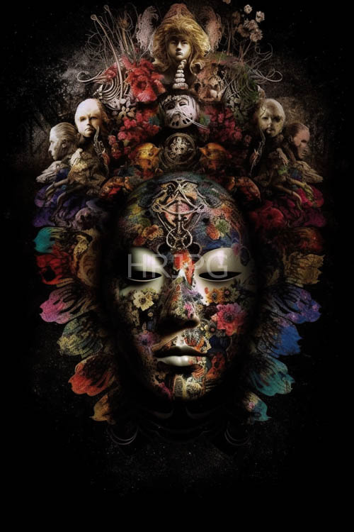 High Resolution: Multicolored carnival masks float within dark shadowy abyssal backgrounds download. | HRJPG.com