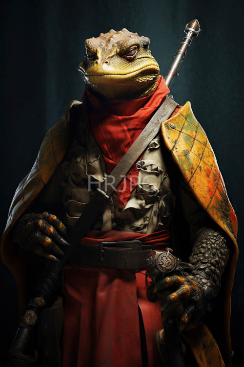 medievalstyle armor clad lizard warrior yellowgreen scaled skin vibrant red scarf wind