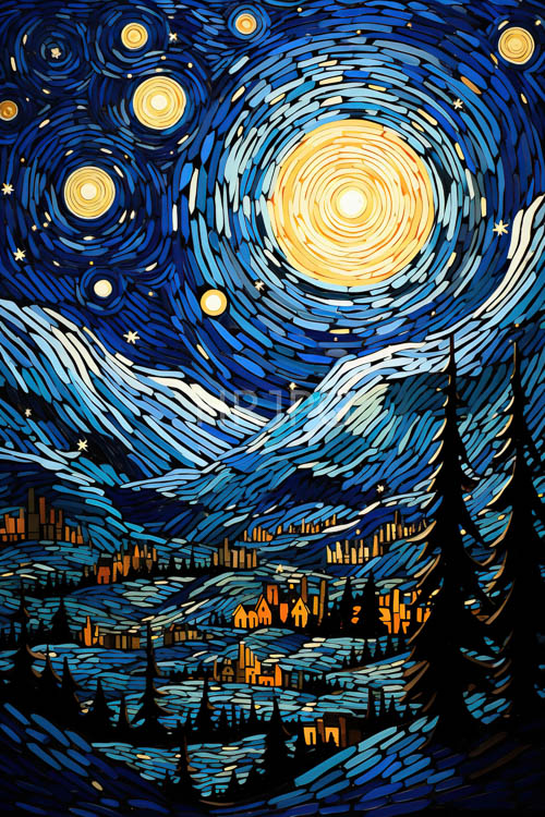 cosmic patterns unfold across azure night sky with expressive brushwork and emotional depth in rugged mountain peaks
