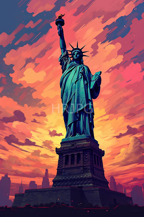 lady liberty towering majestically amidst blazing orange and pink sunset hues over metropolitan silhouette