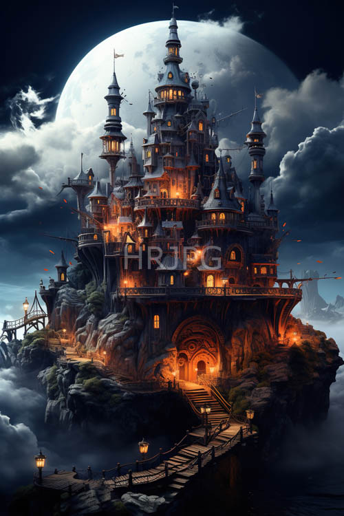 High Resolution: Multitiered castle commands night under brilliant full moonlit sky on jagged rocky cliffs download. | HRJPG.com