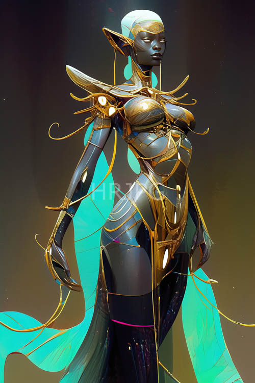 celestial darkskinned female elf commands attention with striking presence and slender physique in meticulously crafted armorlike attire