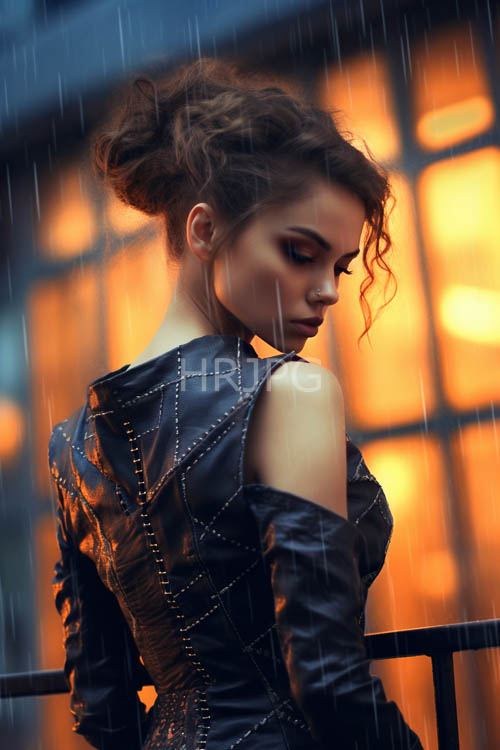moody rainy nightscape with elegant woman in amberlit windows setting