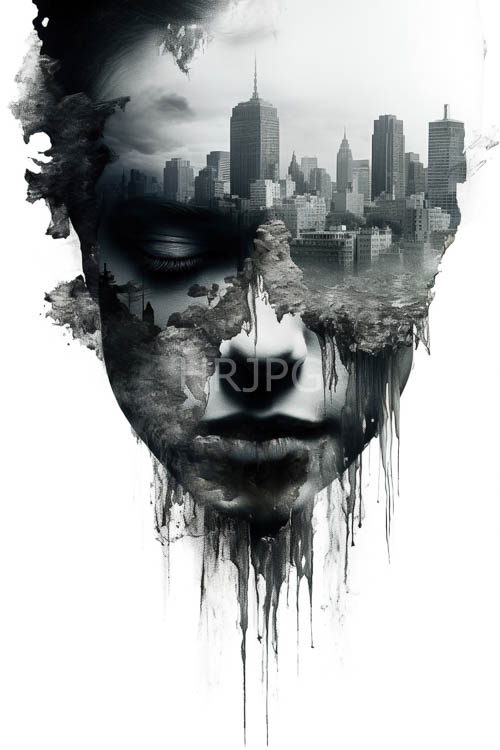 monochrome metropolitan mergence with haunting abstract face and iconic skyscrapers